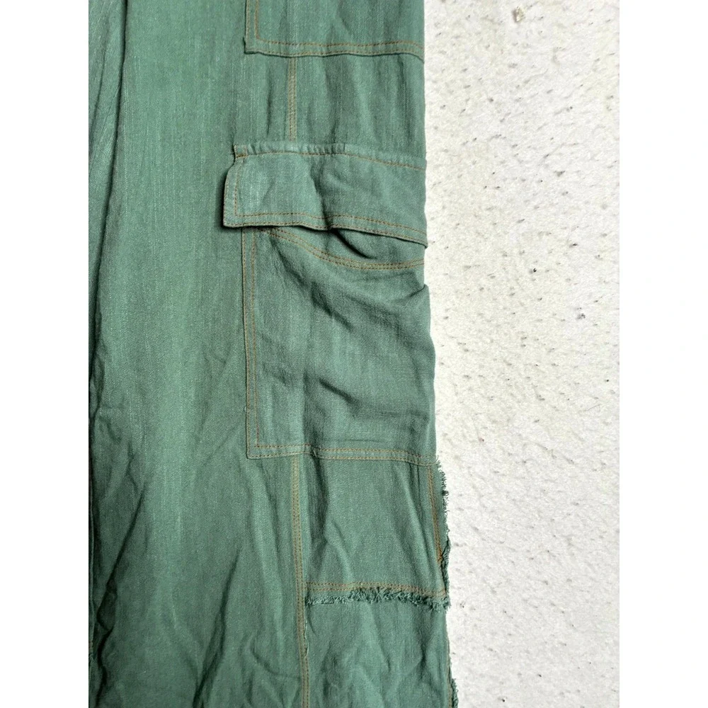 Umgee Linen Blend Cargo Pants Women Small Green Reg Fit Frayed Hem High Waisted
